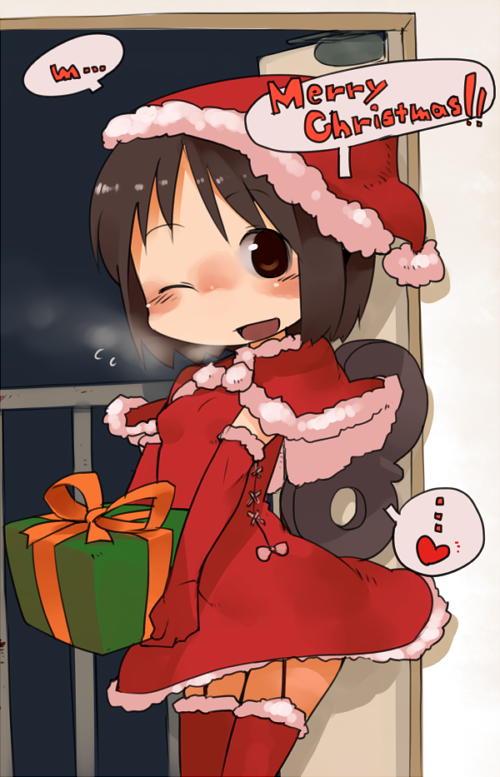 1girl :d black_eyes black_hair breath capelet doorway dress elbow_gloves garter_straps gift gloves hat heart holding_gift masha merry_christmas nichijou open_mouth santa_costume santa_hat shinonome_nano short_hair smile solo spoken_heart thighhighs winding_key wink