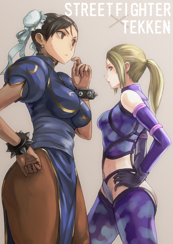 blonde_hair bracelet brown_hair bun_cover capcom chun-li crossover double_bun double_buns earrings elbow_gloves face gloves jewelry multiple_girls namco nina_williams pantyhose ponytail spiked_bracelet spikes street_fighter street_fighter_x_tekken tea_(artist) tekken