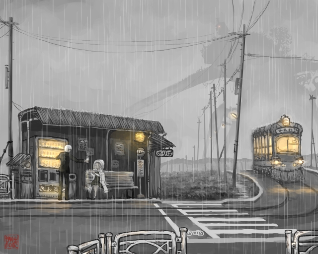 crosswalk lights natsuchiyo original power_lines rain scenery tram vending_machine