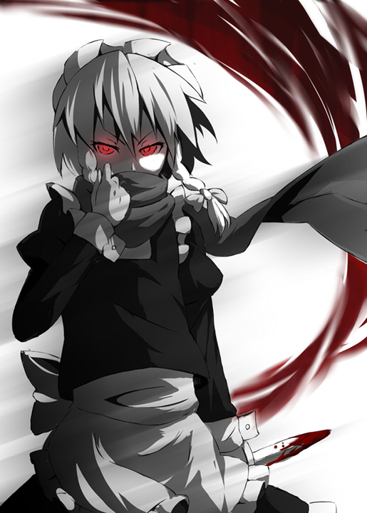 blood covering_mouth glowing glowing_eyes grey izayoi_sakuya knife kushou red_eyes scarf touhou