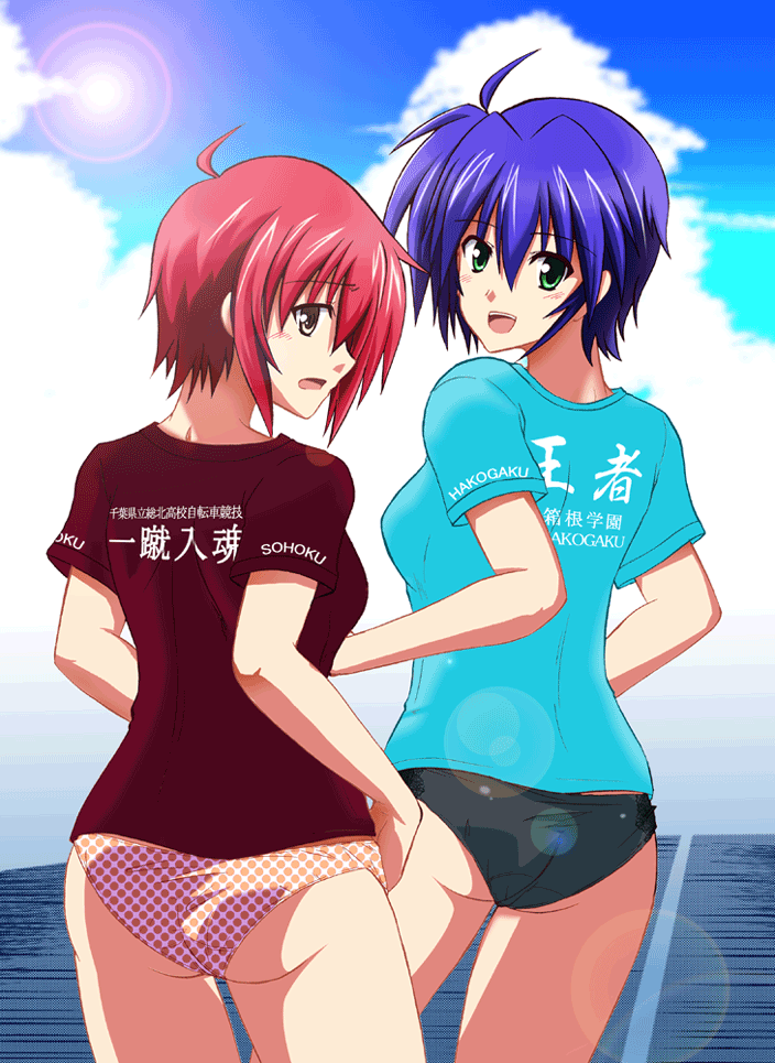 ahoge ass bikini_bottom casual clothes_writing green_eyes lens_flare looking_back mahou_shoujo_lyrical_nanoha mahou_shoujo_lyrical_nanoha_strikers multiple_girls no_pants nove open_mouth purple_hair red_hair redhead saitou_chiwa seiyuu_connection short_hair subaru_nakajima sun t-shirt translation_request yellow_eyes zakkii