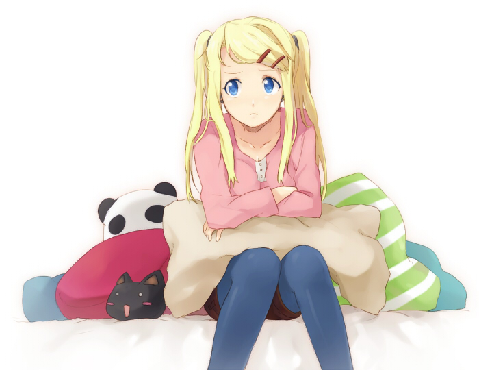 bad_id blonde_hair blue_eyes frown fullmetal_alchemist hair_ornament hairclip pantyhose pillow riru sitting solo twintails winry_rockbell