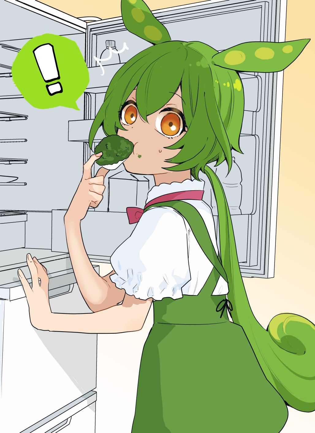 ! 1girl ^^^ caught commentary_request cowboy_shot eating food food_on_face from_side gradient_background green_hair hand_up highres holding holding_food long_hair looking_to_the_side low_ponytail neck_ribbon pink_ribbon puffy_short_sleeves puffy_sleeves refrigerator ribbon shiino_(shi_no_q) shirt shirt_tucked_in short_sleeves sneaking_food solo spoken_exclamation_mark suspenders voicevox white_shirt yellow_background zunda_mochi zundamon