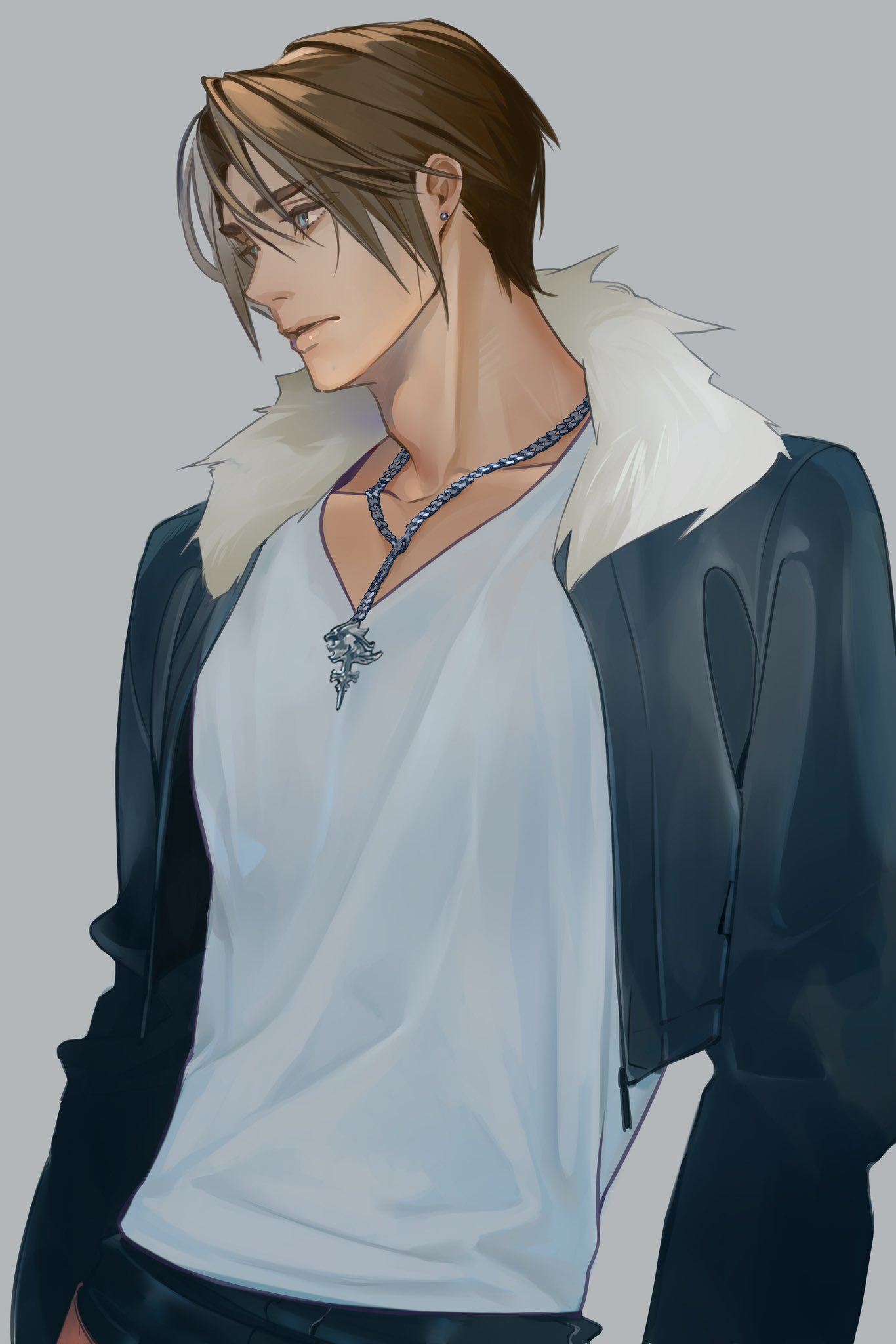 1boy black_jacket black_pants blue_eyes brown_hair chain_necklace closed_mouth cropped_jacket earrings final_fantasy final_fantasy_viii fur-trimmed_jacket fur_trim grey_background highres jacket jewelry long_sleeves looking_to_the_side male_focus necklace nini_tw99 pants scar scar_on_face scar_on_forehead shirt short_hair single_earring solo squall_leonhart upper_body white_fur white_shirt