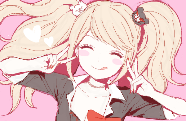 1girl artist_request bad_drawr_id bad_id bear_hair_ornament black_shirt blush_stickers bow closed_eyes collarbone danganronpa:_trigger_happy_havoc danganronpa_(series) double_v enoshima_junko facing_viewer hair_ornament long_hair oekaki pink_background red_bow red_nails shirt shirt_bow sidelocks simple_background sleeves_rolled_up solo tongue tongue_out twintails upper_body v