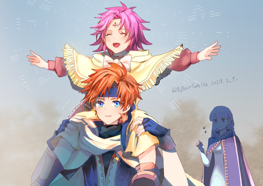1boy 2girls artist_name blue_eyes blue_gloves blue_hairband blue_sky carrying closed_mouth dated emphasis_lines eyelashes facial_mark fae_(fire_emblem) fingerless_gloves fire_emblem fire_emblem:_the_binding_blade forehead_mark gloves hairband multiple_girls open_mouth outdoors outstretched_arms piggyback pink_hair redhead roy_(fire_emblem) sand shawl shoochiku_bai short_hair sky smile sophia_(fire_emblem) standing twitter_username walking white_shawl