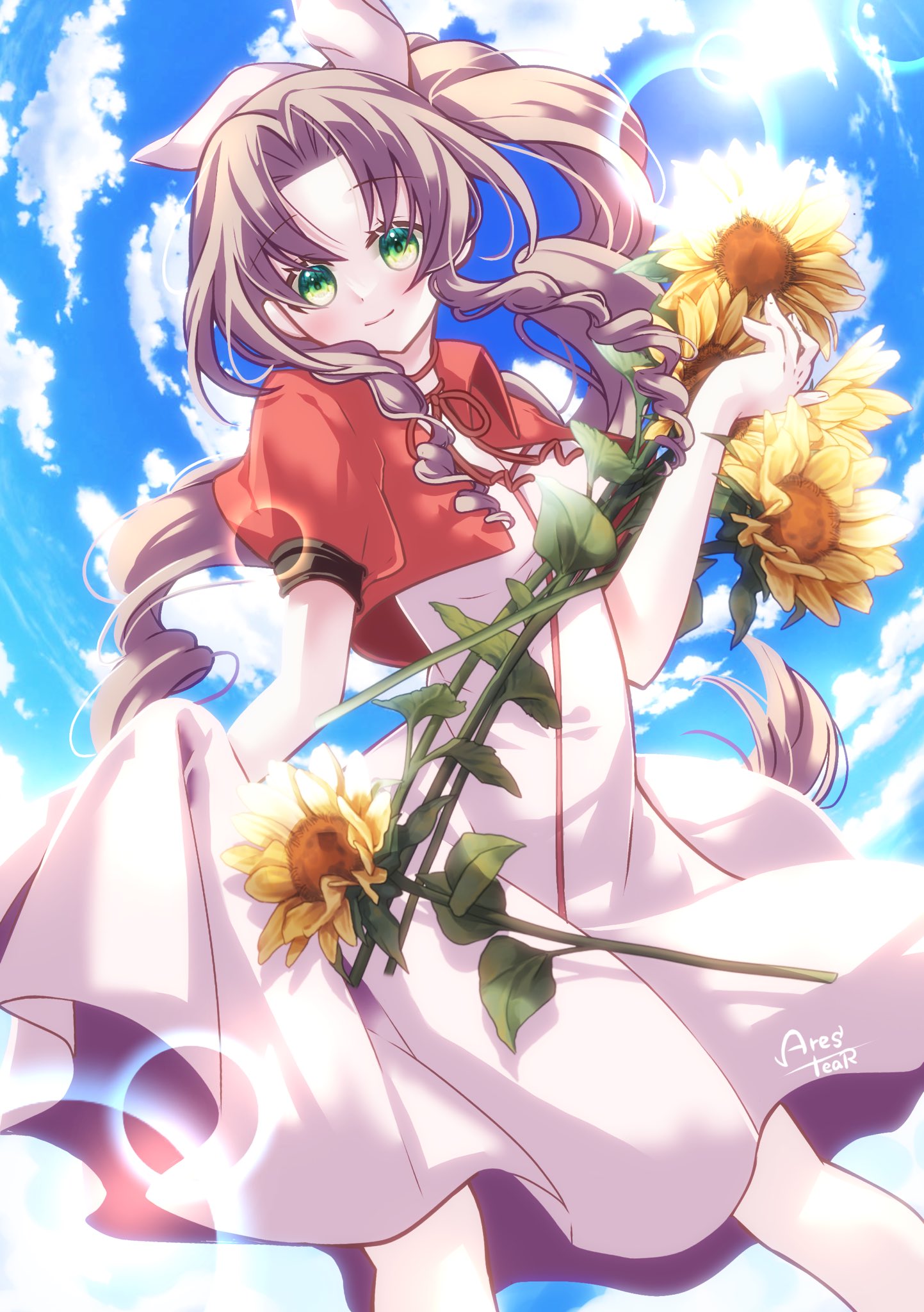 1girl aerith_gainsborough arestear0701 blue_sky braid braided_ponytail breasts brown_hair closed_mouth clothes_lift clouds cloudy_sky cowboy_shot cropped_jacket dress dress_lift final_fantasy final_fantasy_vii final_fantasy_vii_rebirth final_fantasy_vii_remake flower green_eyes hair_ribbon happy_birthday highres holding holding_flower jacket lens_flare light_blush long_dress long_hair looking_at_viewer medium_breasts outdoors parted_bangs pink_dress pink_ribbon puffy_short_sleeves puffy_sleeves red_jacket ribbon short_sleeves sidelocks single_braid sky smile solo sunflower sunlight wavy_hair yellow_flower