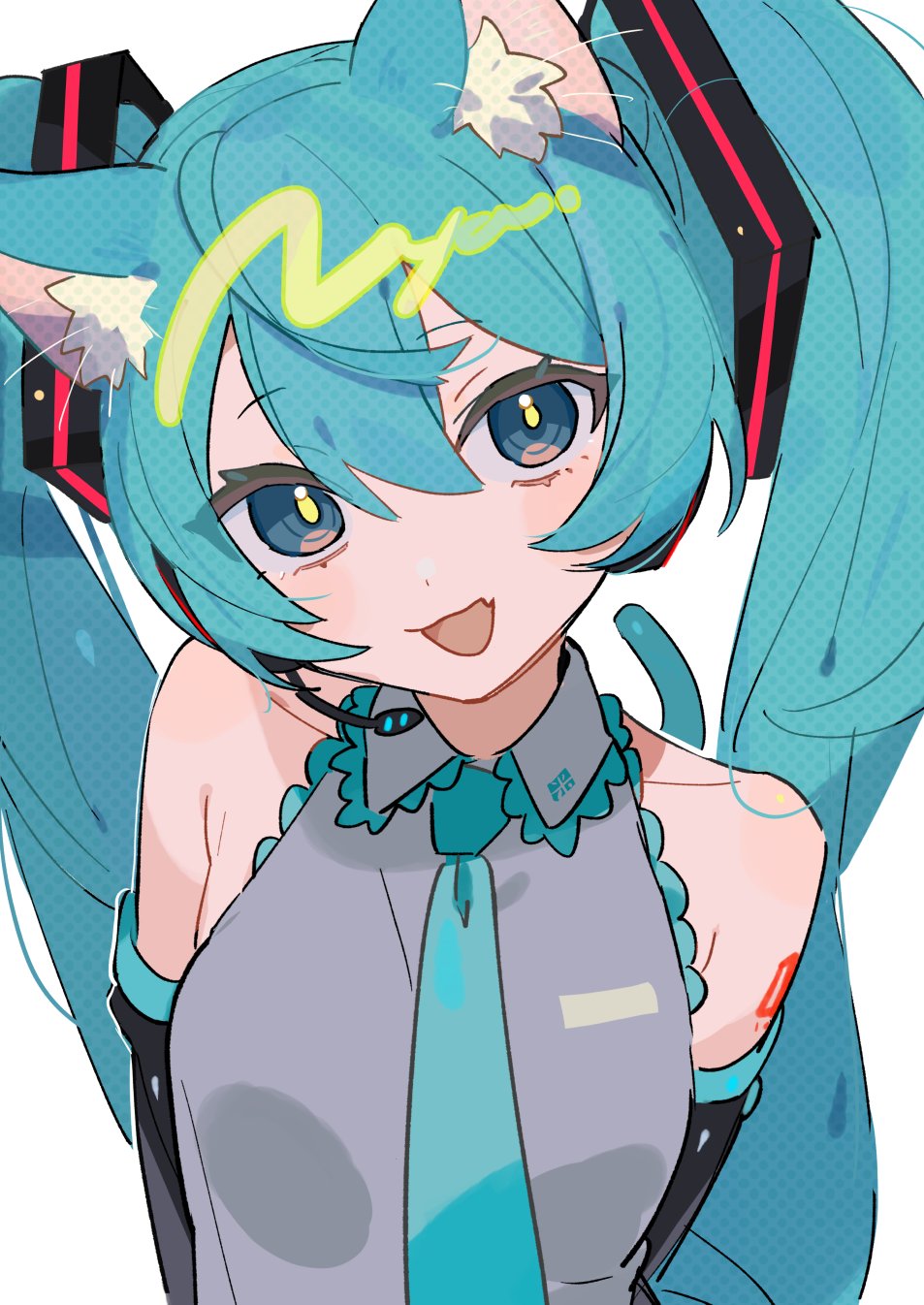 1girl animal_ear_fluff animal_ears aqua_eyes aqua_hair aqua_necktie aqua_trim arms_at_sides bare_shoulders breasts cat_ears cat_tail collarbone collared_shirt contrapposto detached_sleeves dithering fang grey_shirt hair_between_eyes hassan_(sink916) hatsune_miku head_tilt headset highres kemonomimi_mode lace-trimmed_collar lace-trimmed_shirt lace_trim looking_at_viewer microphone necktie open_mouth shirt simple_background skin_fang sleeveless sleeveless_shirt smile solo tail twintails upper_body vocaloid white_background yellow_pupils