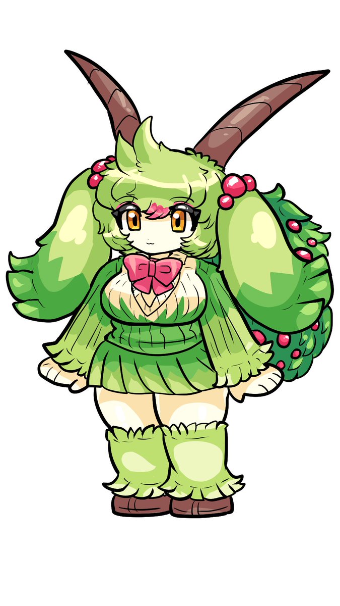 :3 arms_at_sides berry bow bowtie breasts brown_footwear brown_horns caprity closed_mouth floppy_ears full_body green_hair green_leggings green_skirt highres horns large_breasts leggings long_sleeves miniskirt multicolored_hair murasakigezi orange_eyes palworld pink_bow pink_bowtie pink_hair pleated_skirt shoes short_hair simple_background skirt smile standing thick_thighs thighs two-tone_hair white_background zettai_ryouiki