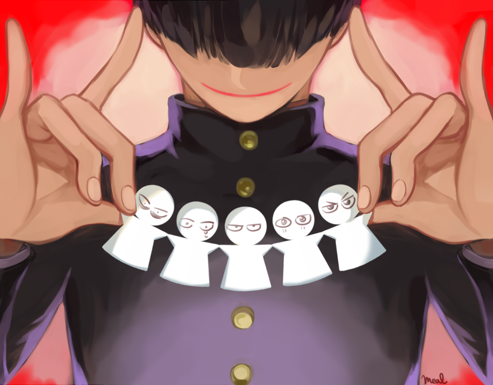 1boy annoyed bags_under_eyes black_hair blush closed_mouth covered_eyes crying double_fox_shadow_puppet excited facing_viewer fingernails fox_shadow_puppet gakuran hair_over_eyes hands_up jitome kageyama_shigeo long_sleeves male_focus mameal369 mob_psycho_100 nervous paper_cutout red_background sad school_uniform short_hair smile solo upper_body