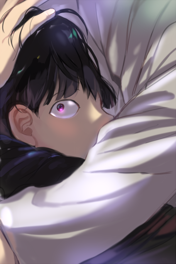 2boys black_hair close-up covered_mouth from_side gakuran glowing glowing_eyes hand_on_another's_head head_on_chest hug kageyama_shigeo long_sleeves looking_at_viewer male_focus mameal369 messy_hair mob_psycho_100 multiple_boys out_of_frame portrait profile school_uniform shirt short_hair violet_eyes white_shirt