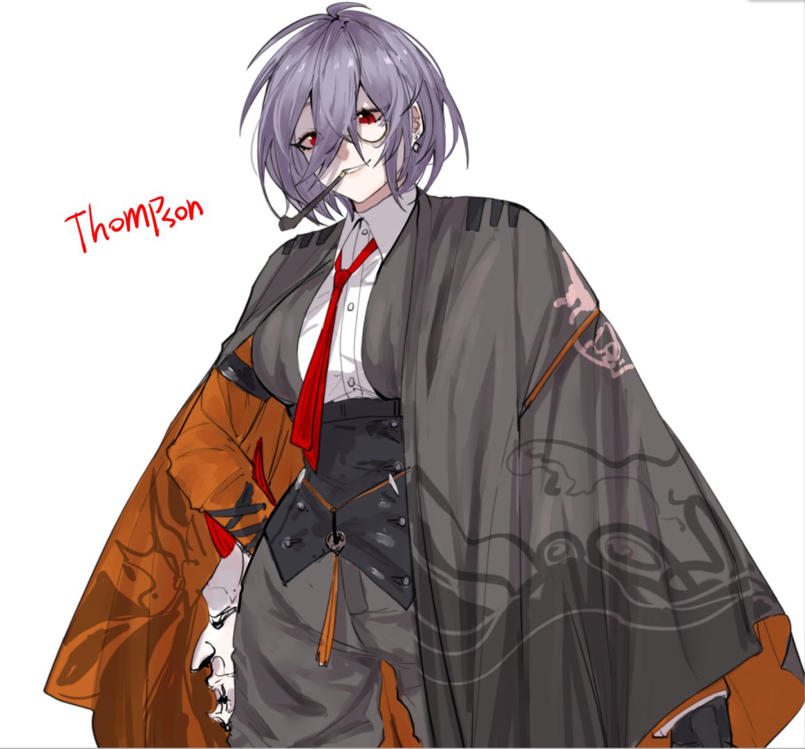 1girl bisaytin cloak collared_shirt cowboy_shot earrings girls_frontline hair_between_eyes jewelry monocle necktie official_alternate_costume parted_lips purple_hair red_eyes red_necktie shirt short_hair smile smoking_pipe solo thompson_(girls'_frontline) thompson_(infernal_hannya)_(girls'_frontline) white_background white_shirt