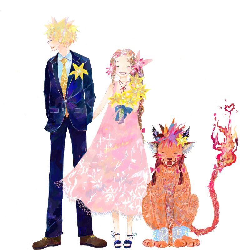 1girl 2boys aerith_gainsborough blonde_hair blue_jacket blue_pants blue_suit bouquet bow braid braided_ponytail brain_buster brown_footwear brown_hair choker closed_eyes cloud_strife collared_shirt dress final_fantasy final_fantasy_vii flame-tipped_tail flower full_body hair_bow hair_flower hair_ornament hair_ribbon holding holding_bouquet holding_hands jacket lily_(flower) long_dress long_hair multiple_boys necktie open_mouth orange_fur pants parted_lips pink_dress pink_flower pink_ribbon red_xiii redhead ribbon ribbon_choker sandals shirt short_hair sidelocks single_braid smile spiky_hair suit suit_jacket sundress toeless_footwear white_background yellow_flower yellow_necktie