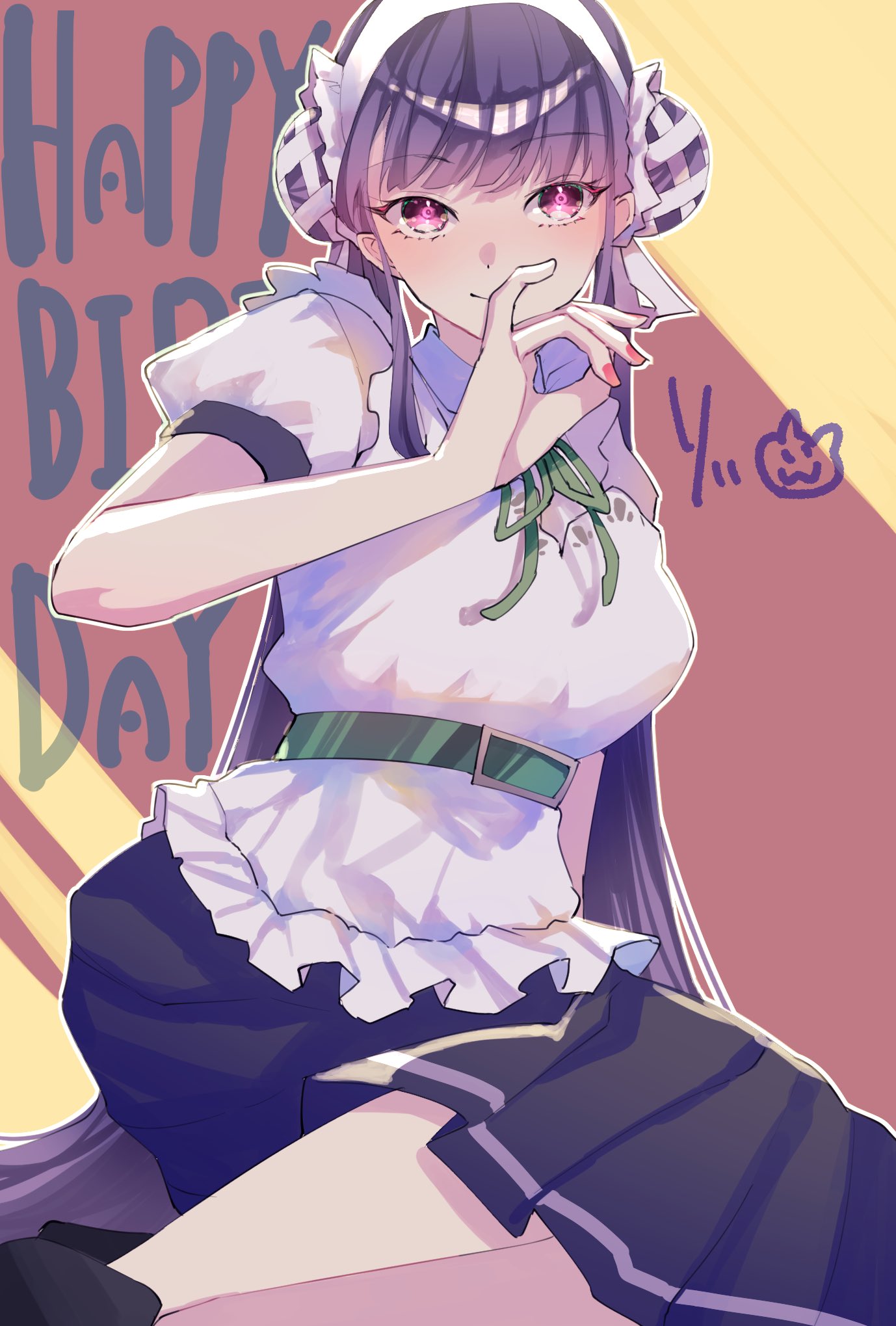 1girl belt bun_cover closed_mouth commentary double_bun dress green_belt green_ribbon hair_bun happy_birthday headband heaven_burns_red highres long_hair looking_at_viewer neck_ribbon pink_eyes pleated_skirt puffy_short_sleeves puffy_sleeves purple_hair purple_skirt ribbon rin_0101010 satsuki_mari short_sleeves skirt solo twintails upper_body very_long_hair white_dress white_headband