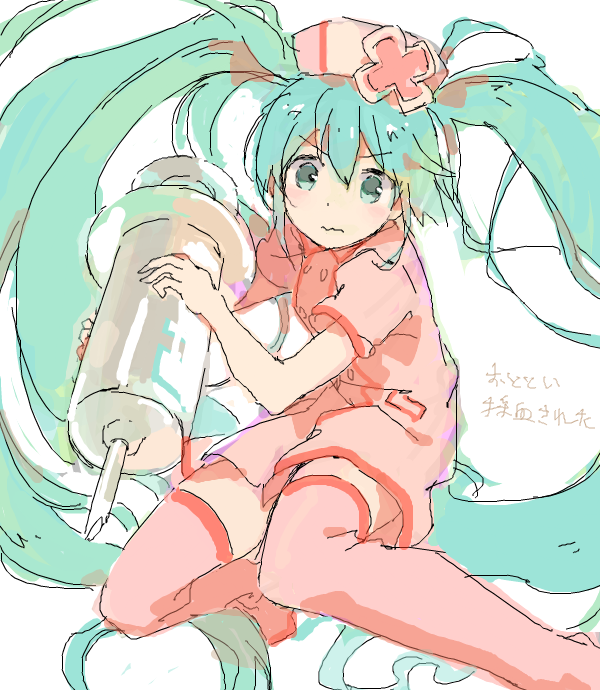 1girl artist_request bad_drawr_id bad_id buttons closed_mouth dress floating frown green_eyes green_hair hat hatsune_miku holding holding_syringe koiiro_byoutou_(vocaloid) large_syringe long_hair looking_at_viewer nurse_cap oekaki oversized_object pink_dress pink_thighhighs short_sleeves sketch solo syringe thigh-highs twintails very_long_hair vocaloid wavy_mouth white_background zettai_ryouiki