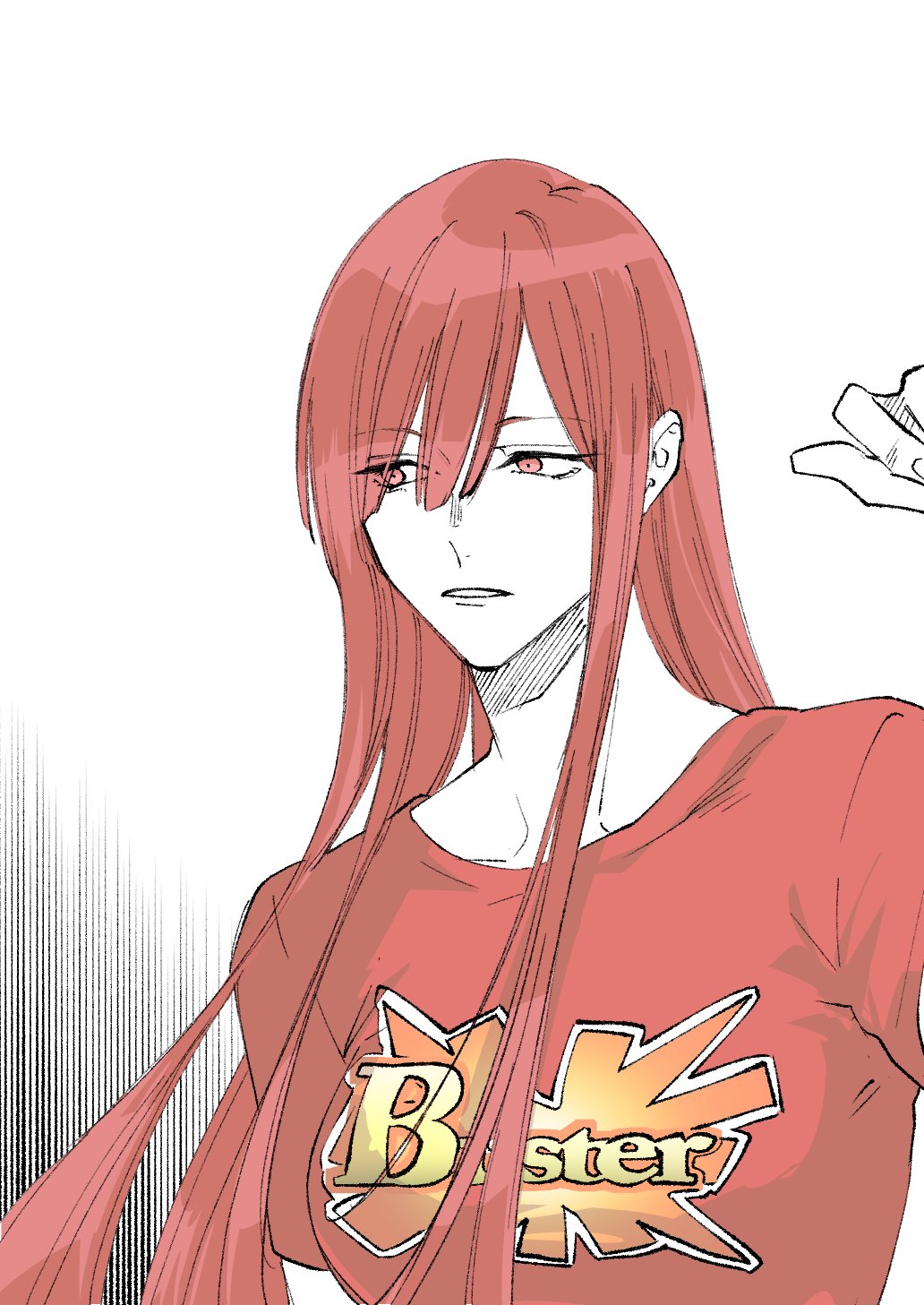 1girl buster_shirt collarbone fate/grand_order fate_(series) hair_between_eyes hand_up highres long_hair looking_to_the_side oda_nobunaga_(fate) oda_nobunaga_(maou_avenger)_(fate) parted_lips red_eyes red_shirt red_theme redhead shirt simple_background solo t-shirt upper_body urup_zzz white_background