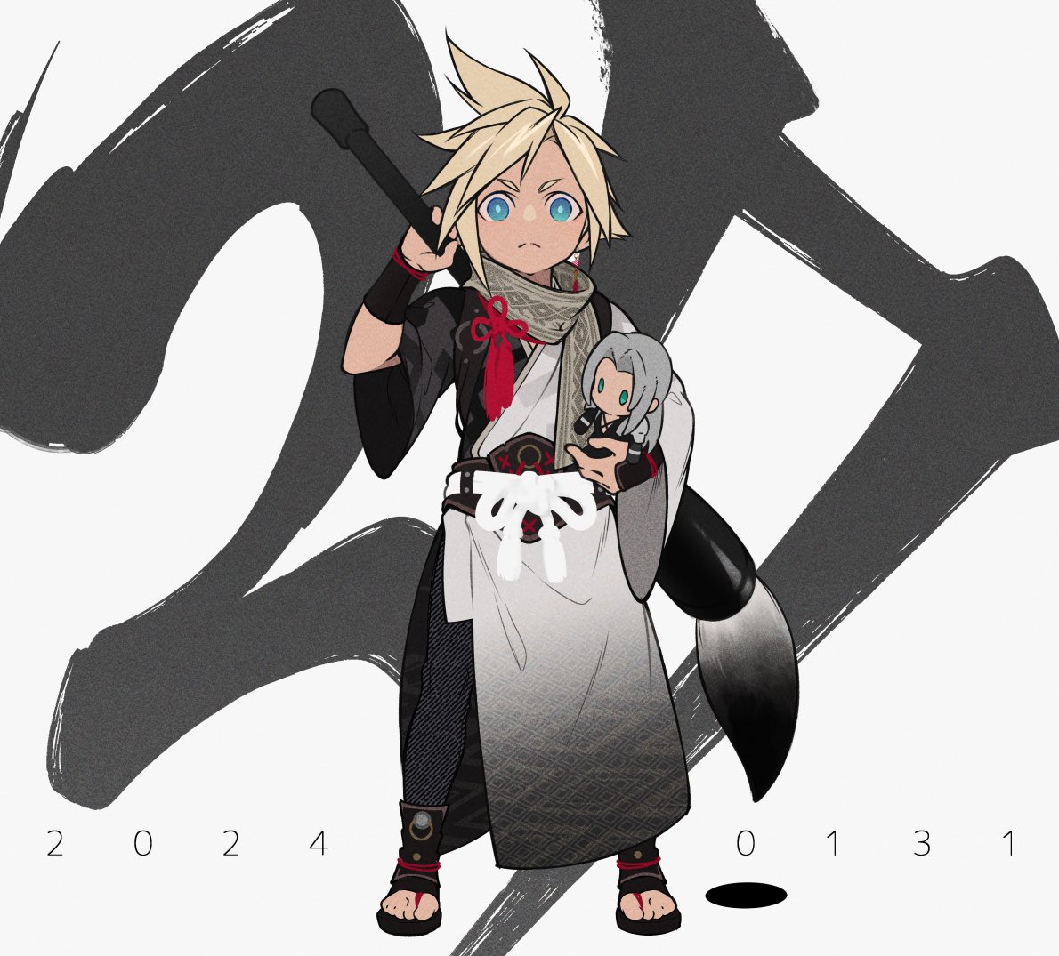 1boy black_pants black_shirt black_wristband blonde_hair blue_eyes closed_mouth cloud_strife cloud_strife_(official_festive_garb) dated final_fantasy final_fantasy_vii final_fantasy_vii_ever_crisis flower_knot full_body grey_hair happy_new_year holding_calligraphy_brush japanese_clothes kiki_lala looking_at_viewer male_focus official_alternate_costume pants sandals scarf sephiroth shirt short_hair solo spiky_hair stuffed_toy toeless_footwear
