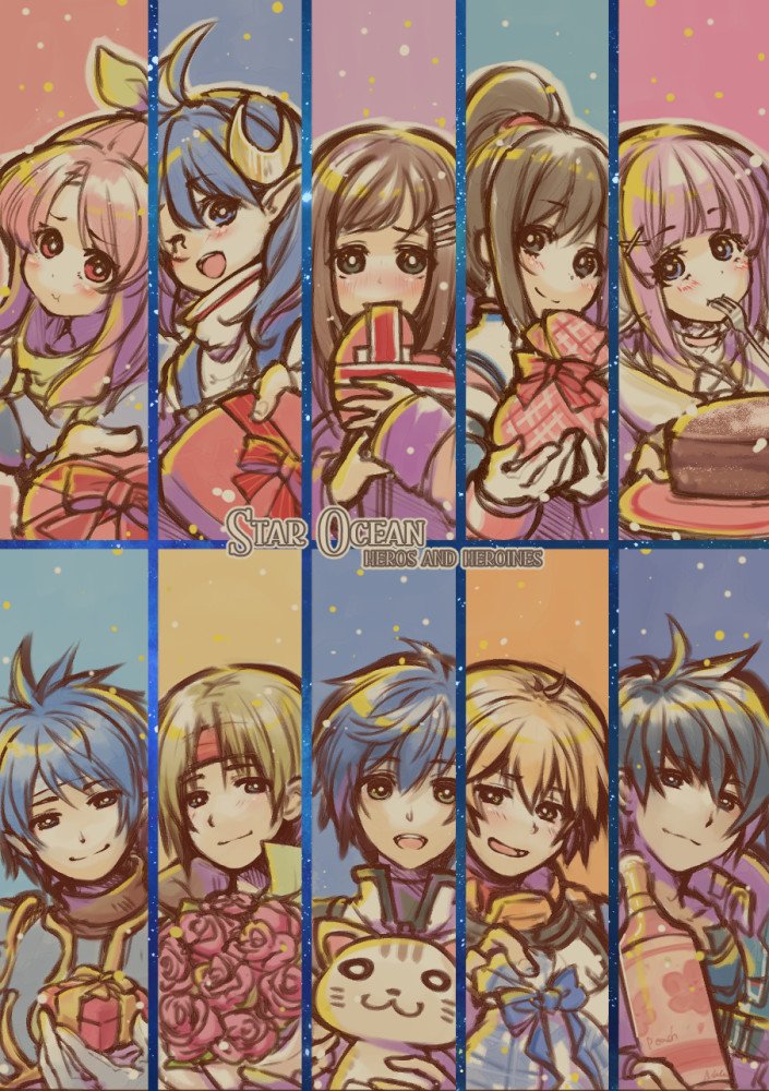 box box_of_chocolates brown_eyes brown_hair claude_kenni closed_mouth edge_maverick fayt_leingod gift gift_box gloves hair_ribbon heart-shaped_box high_ponytail holding holding_gift long_hair looking_at_viewer misono_mitama multiple_boys multiple_girls open_mouth pink_ribbon ponytail rena_lanford ribbon roddick_farrence saionji_reimi short_hair smile sophia_esteed star_ocean star_ocean_first_departure star_ocean_integrity_and_faithlessness star_ocean_the_last_hope star_ocean_the_second_story star_ocean_till_the_end_of_time valentine white_day white_gloves