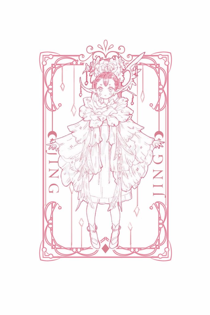 1girl ankle_cuffs artist_name ashuijing card_(medium) cloak closed_mouth commentary crescent diamond_(shape) diamond_on_cheek dress english_commentary flower flower_clothes flower_request frilled_dress frills full_body hair_flower hair_ornament high_heels light_frown lineart long_hair long_sleeves looking_at_viewer marking_on_cheek medium_dress original pink_theme pointy_ears pumps simple_background socks solo straight-on twintails white_background wide_sleeves