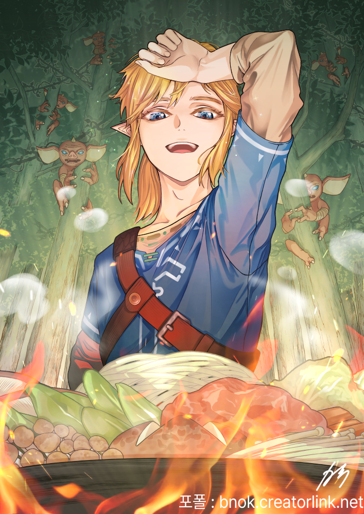 1boy blonde_hair bnok bokoblin champion's_tunic_(zelda) cooking fire forest hiding in_tree link medium_hair nature open_mouth pointy_ears sidelocks sitting sitting_in_tree smile the_legend_of_zelda the_legend_of_zelda:_breath_of_the_wild tree wiping_sweat