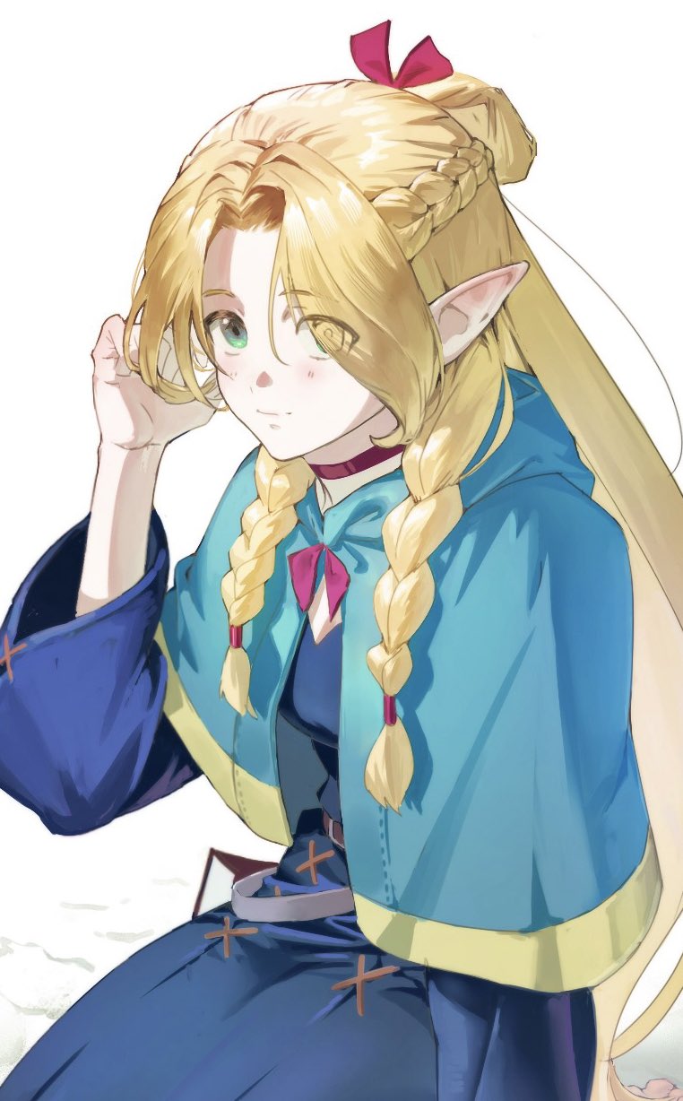 1girl arm_at_side belt blonde_hair blue_capelet blue_robe book braid breasts capelet choker closed_mouth dungeon_meshi elf eyes_visible_through_hair french_braid green_eyes hair_behind_ear hair_between_eyes hair_over_one_eye half_updo hand_up highres holding holding_staff hood hood_down hooded_capelet korean_commentary long_hair long_sleeves looking_at_viewer marcille_donato mul1086108 multiple_braids parted_bangs pointy_ears robe side_braid sitting smile solo sprout staff very_long_hair white_background