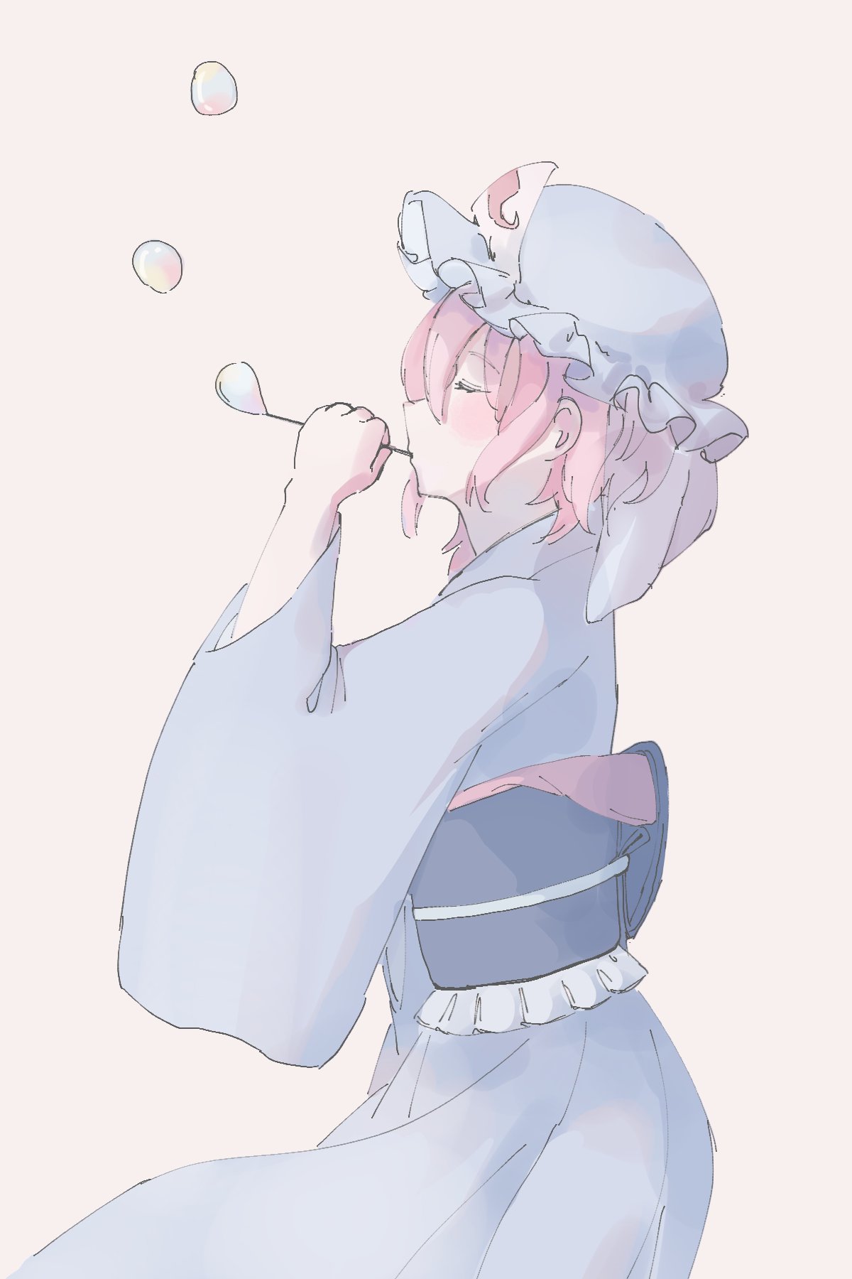 1girl blue_headwear blue_kimono bubble bubble_blowing closed_eyes from_side hand_up hat highres japanese_clothes kimono medium_hair mob_cap obi pink_hair profile saigyouji_yuyuko sash simple_background solo touco_to touhou triangular_headpiece veil yellow_background