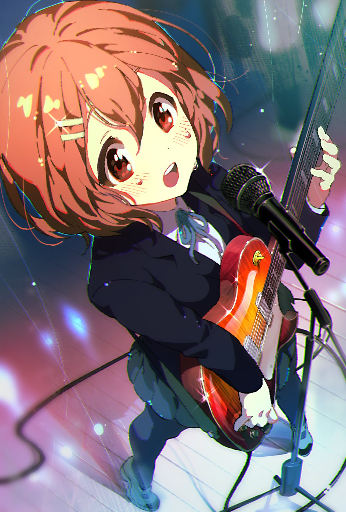 1girl blush brown_eyes brown_hair commentary_request electric_guitar from_above full_body gibson_les_paul guitar hair_between_eyes highres hirasawa_yui instrument jacket k-on! microphone microphone_stand music neck_ribbon newponold pantyhose playing_instrument ribbon school_uniform shirt short_hair singing skirt solo white_shirt