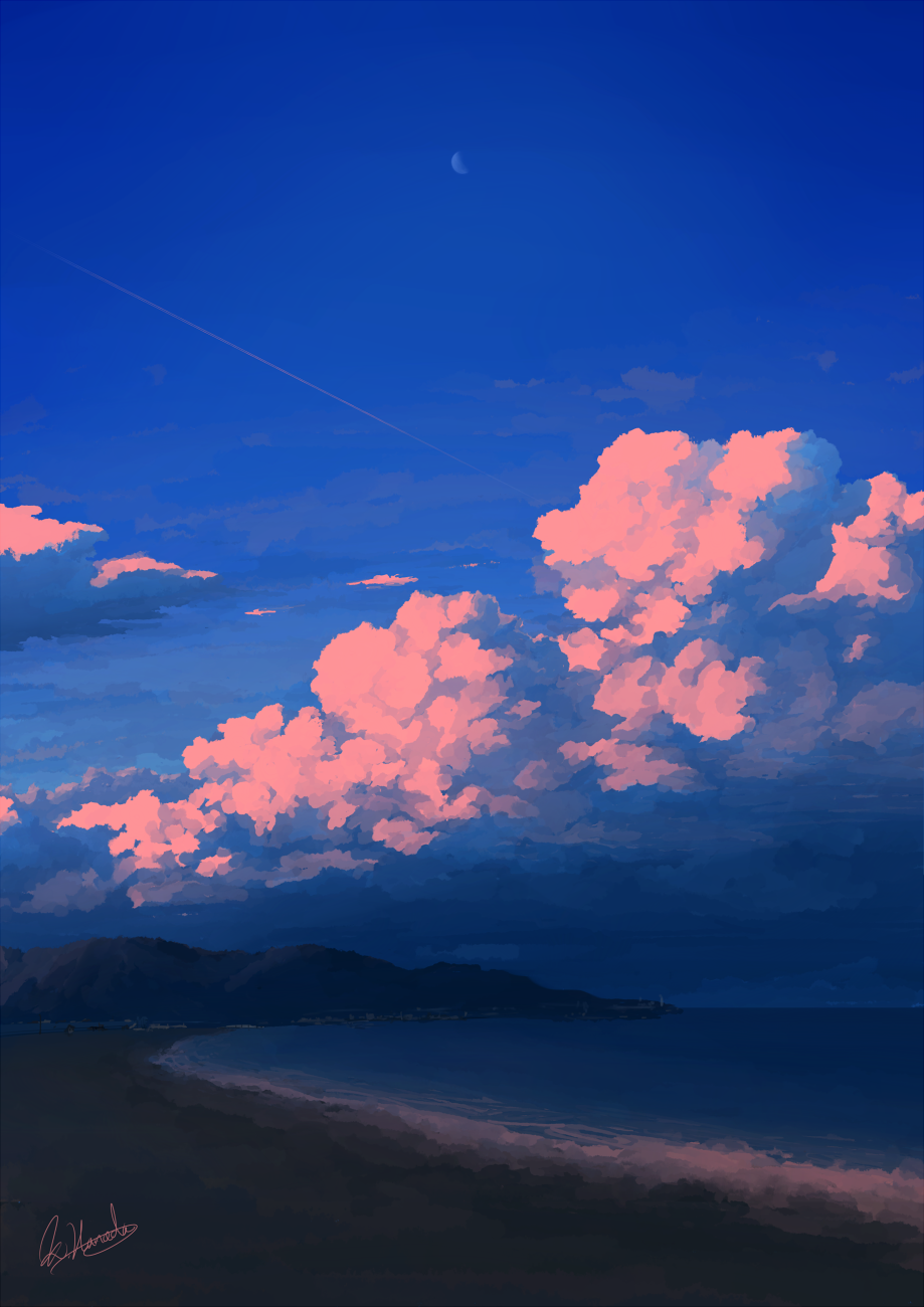 alu.m_(alpcmas) beach blue_sky clouds evening highres moon mountain no_humans ocean original outdoors sand scenery signature sky water