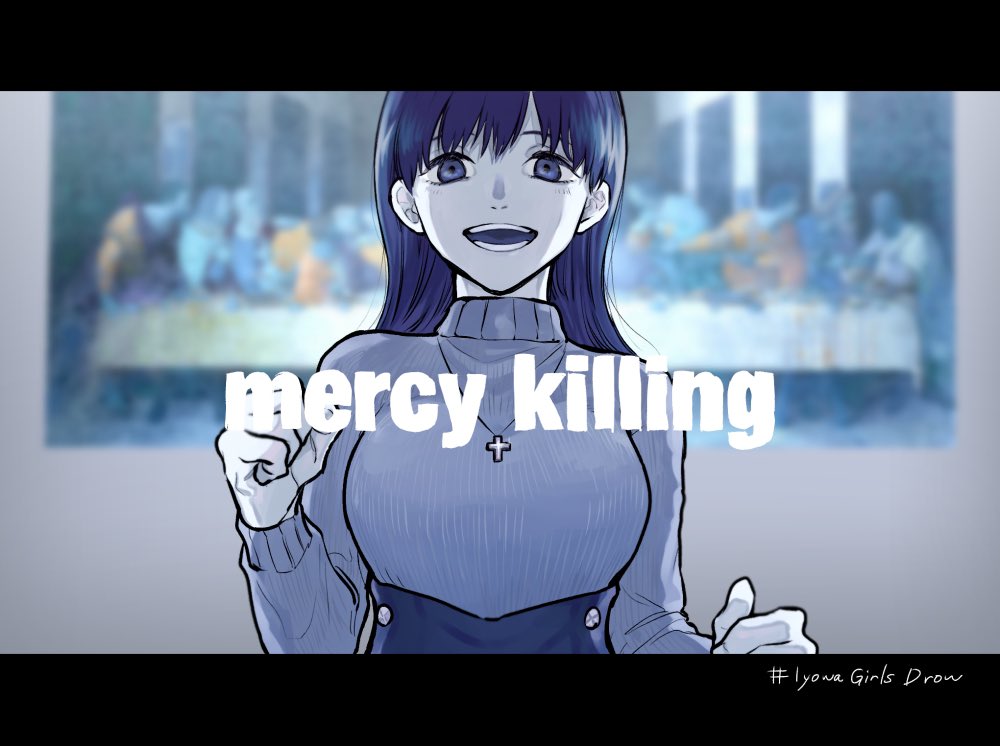 1girl backlighting blue_eyes blue_hair blurry blurry_background breasts bukiyama clenched_hands commentary cross cross_necklace english_text hand_up hashtag jewelry large_breasts long_hair long_sleeves looking_at_viewer mercy_killing_(vocaloid) necklace open_mouth painting_(object) ribbed_sweater smile solo song_name straight-on sweater sweater_tucked_in the_last_supper turtleneck turtleneck_sweater underbust upper_body vocaloid