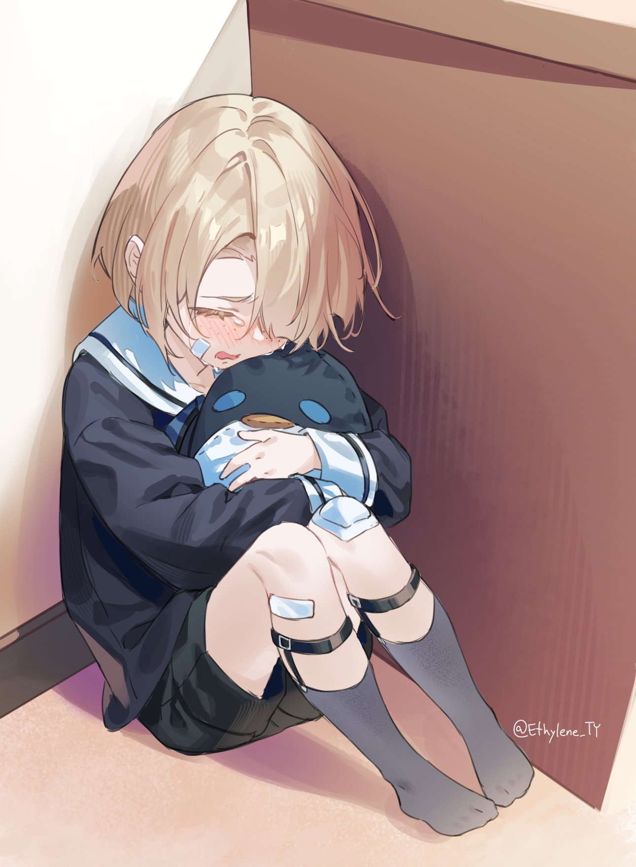 1boy aged_down artist_name bandaid bandaid_on_knee bandaid_on_leg black_shirt black_shorts blonde_hair blush closed_eyes collared_shirt commentary crying english_commentary ethylene_ty eyelashes freckles freminet_(genshin_impact) genshin_impact grey_socks hair_over_one_eye highres holding holding_stuffed_toy hugging_object knees_up long_sleeves male_focus one_eye_covered open_mouth parted_bangs pers_(genshin_impact) raised_eyebrows sailor_collar sailor_shirt shadow shirt short_hair short_shorts shorts sidelocks sitting sleeve_cuffs socks solo stuffed_animal stuffed_penguin stuffed_toy tears twitter_username wavy_mouth white_sailor_collar