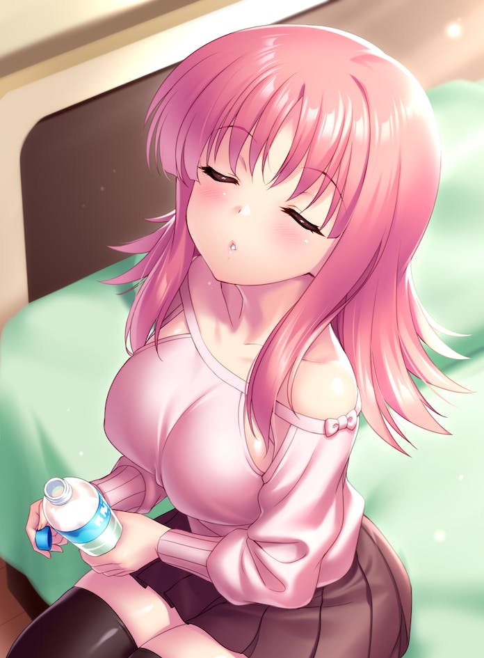 1girl backlighting bare_shoulders black_thighhighs blush bottle breasts brown_skirt closed_eyes collarbone commentary_request commission cowboy_shot facing_viewer hair_between_eyes holding holding_bottle indoors kouno_harumi large_breasts lips long_hair long_sleeves miniskirt no_bra off-shoulder_sweater off_shoulder on_bed pink_hair pink_sweater pleated_skirt pov puckered_lips school_uniform sidelocks sitting skeb_commission skirt solo sweater thigh-highs to_heart_(series) to_heart_2 waiting_for_kiss zen_(kamuro) zettai_ryouiki
