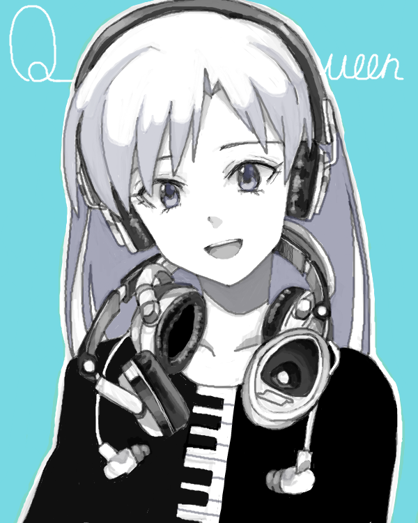 1girl :d bad_drawr_id bad_id black_shirt blue_background collarbone colored_skin curtained_hair earphones earphones_removed english_text grey_eyes headphones headphones_around_neck long_hair long_sleeves looking_at_viewer oekaki open_mouth original outline piano_print shirt simple_background smile solo teeth upper_body upper_teeth_only white_outline white_skin ysmmzr