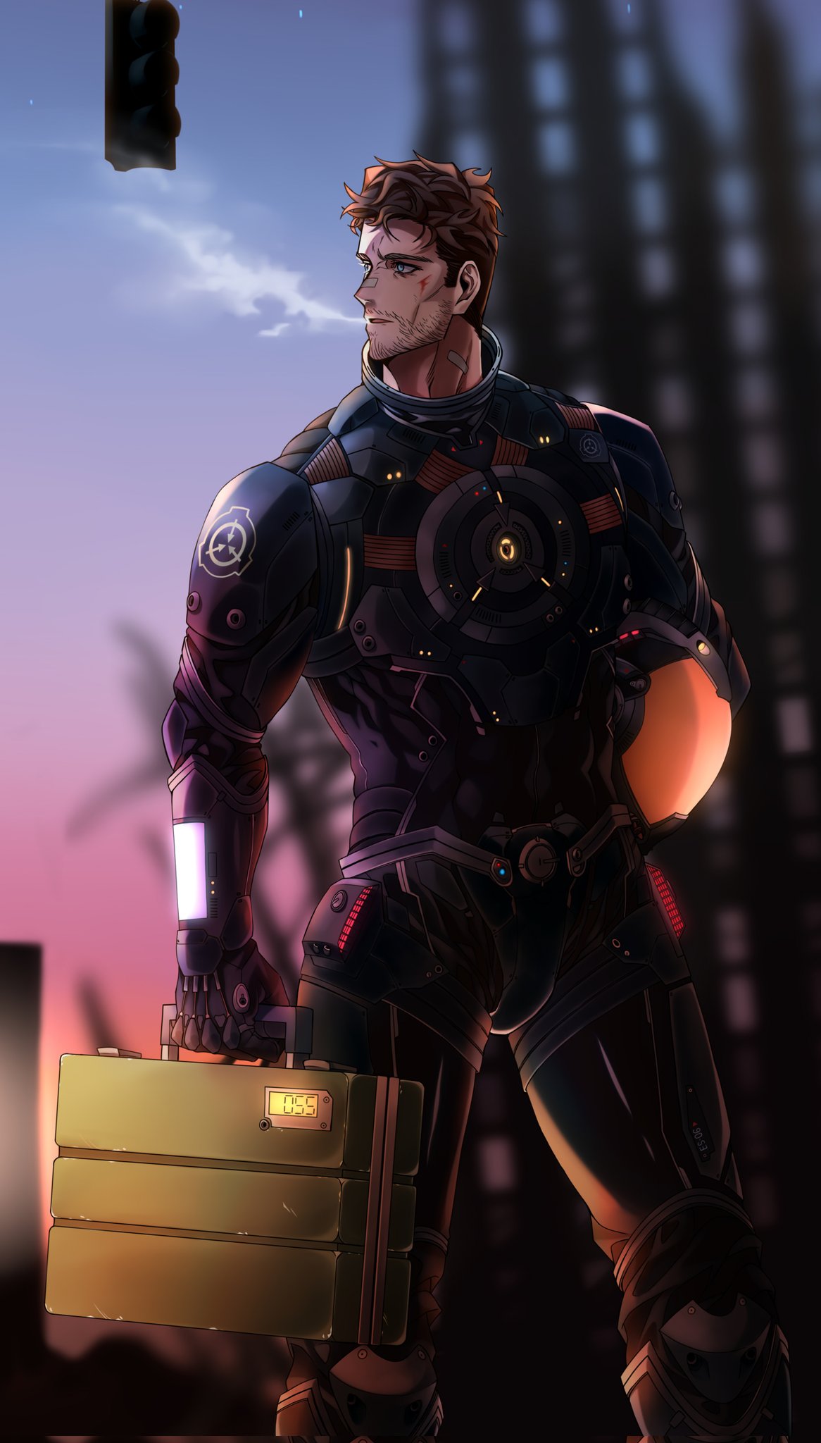 1boy bandaid bandaid_on_face beard blood blue_eyes blurry blurry_background breath brown_hair dobek_k facial_hair feet_out_of_frame helmet highres light looking_to_the_side male_focus manly mature_male outdoors scp-500 scp_foundation short_hair sky solo suit sunset