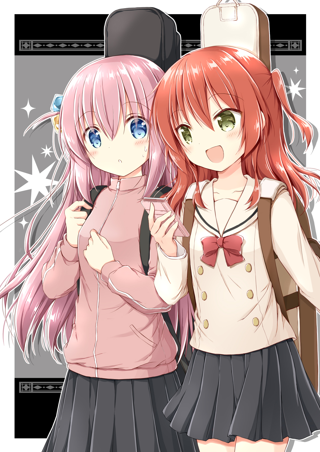 2girls :d :o black_skirt blue_eyes blush bocchi_the_rock! bow breasts cellphone commentary_request cube_hair_ornament drop_shadow gotoh_hitori green_eyes grey_background hair_between_eyes hair_ornament highres holding holding_phone instrument_case jacket kita_ikuyo long_hair long_sleeves multiple_girls nanase_miori one_side_up outline parted_lips phone pink_hair pink_jacket pleated_skirt puffy_long_sleeves puffy_sleeves red_bow redhead sailor_collar shirt skirt small_breasts smile sweat track_jacket very_long_hair white_outline white_sailor_collar white_shirt