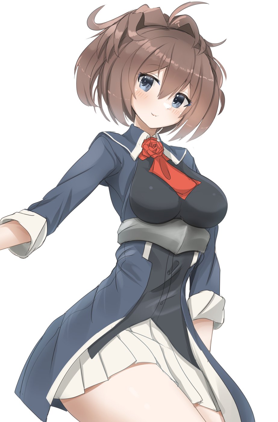 1girl ascot blue_eyes breasts brown_hair cowboy_shot flower gloves highres kantai_collection large_breasts long_hair messy_hair military_uniform neck_flower one-hour_drawing_challenge pleated_skirt ponytail red_ascot red_flower red_rose redundant-cat rose sheffield_(kancolle) simple_background skirt smile solo uniform white_background white_gloves white_skirt