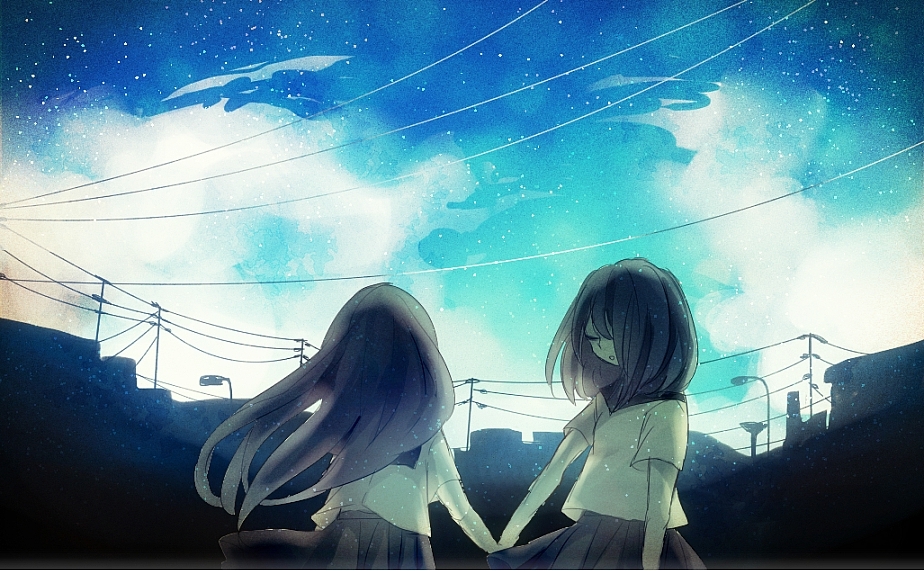 2girls black_hair building closed_eyes clouds holding_hands house mikagamimei multiple_girls original school_uniform star_(sky)