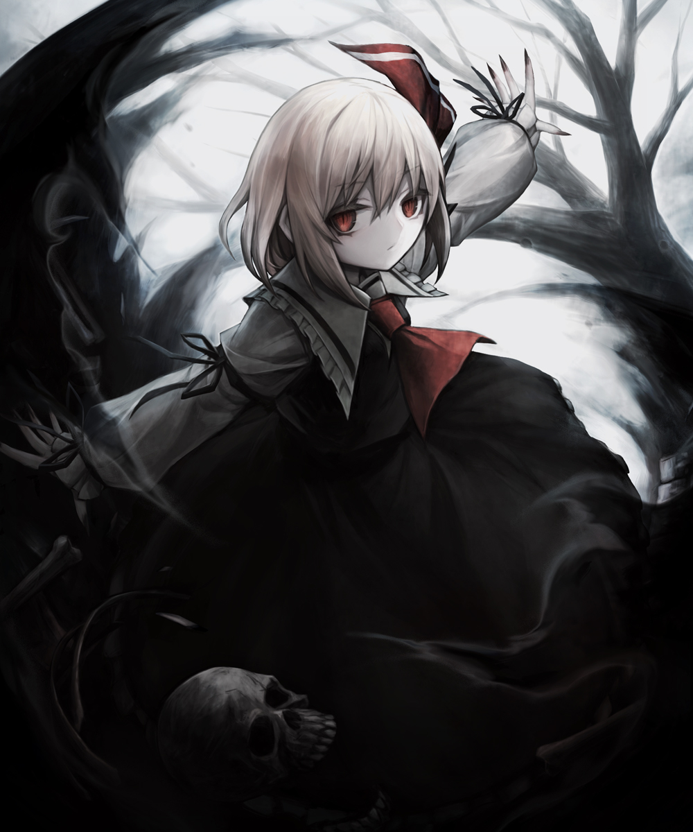 1girl ascot black_nails black_skirt black_vest blonde_hair closed_mouth collared_shirt darkness fingernails frilled_shirt_collar frills hair_ribbon highres long_fingernails nail_polish outstretched_arms red_ascot red_eyes red_ribbon ribbon rumia sharp_fingernails shirt short_hair skirt skull solo spark621 spread_arms touhou vest white_shirt