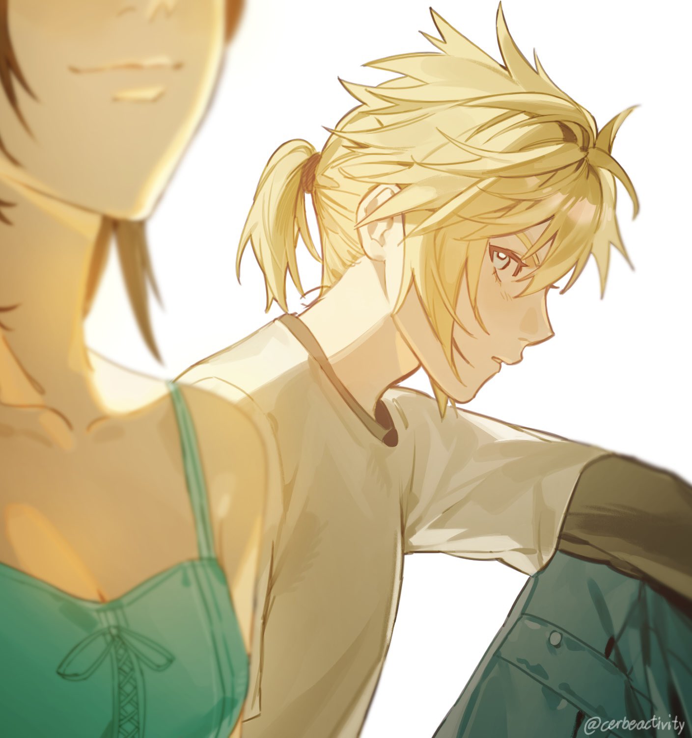 1boy 1girl aged_down aqua_dress bare_shoulders black_hair blonde_hair blue_eyes blue_shorts cerbeactivity closed_mouth cloud_strife collarbone dress elbow_rest final_fantasy final_fantasy_vii final_fantasy_vii_remake highres knee_up looking_at_another low_ponytail parted_lips shirt shorts smile spaghetti_strap spiky_hair tifa_lockhart twitter_username upper_body white_background white_shirt