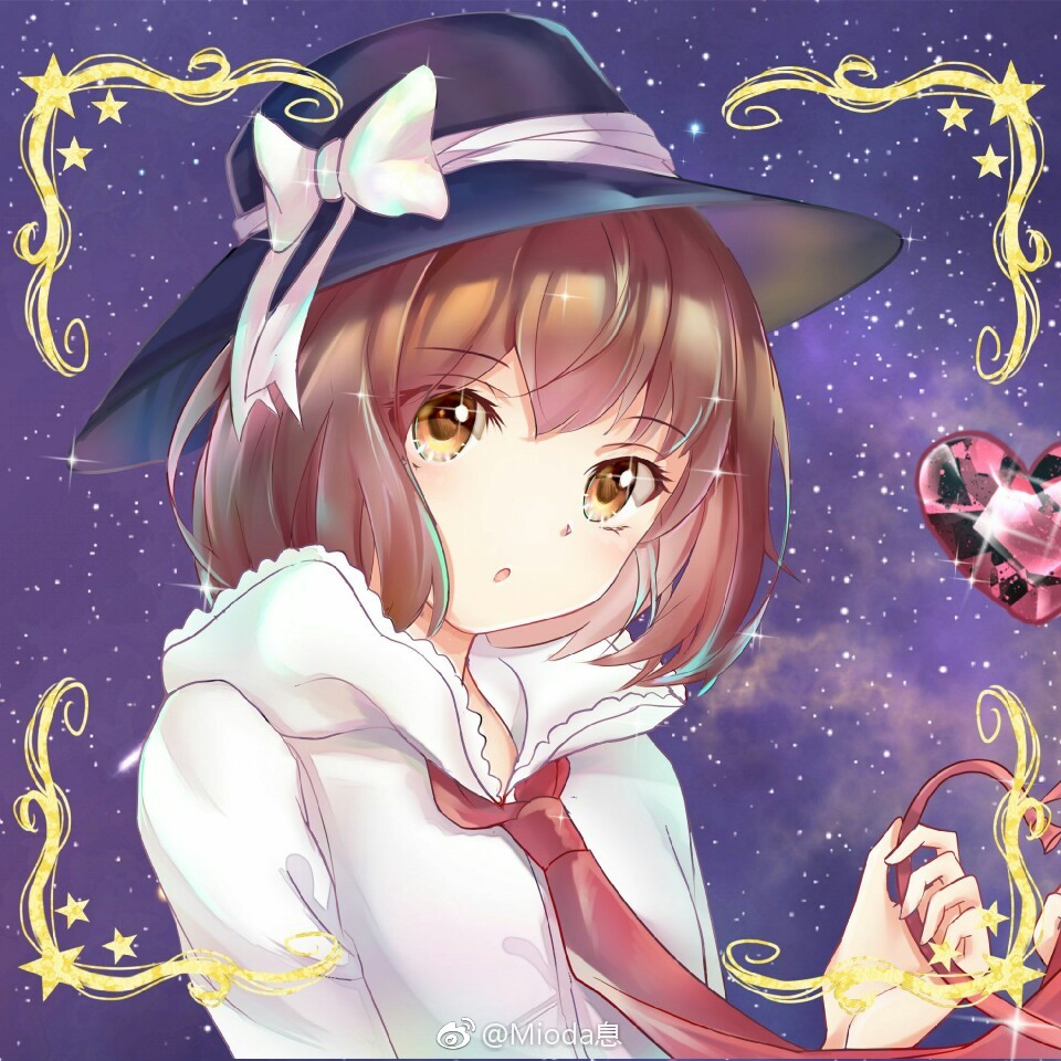 1girl :o black_headwear bow brown_eyes brown_hair chinese_commentary collared_jacket commentary_request eyelashes gem grabbing hat hat_bow heart heart-shaped_gem heart_of_string high_collar jacket lace-trimmed_collar lace_trim long_sleeves looking_at_viewer mioda_xi neck_ribbon neck_ribbon_grab necktie necktie_grab neckwear_grab open_mouth picture_frame red_gemstone red_necktie red_ribbon ribbon short_hair solo space sparkle star_(sky) touhou unworn_ribbon upper_body usami_renko watermark weibo_logo weibo_username white_bow white_jacket white_sleeves