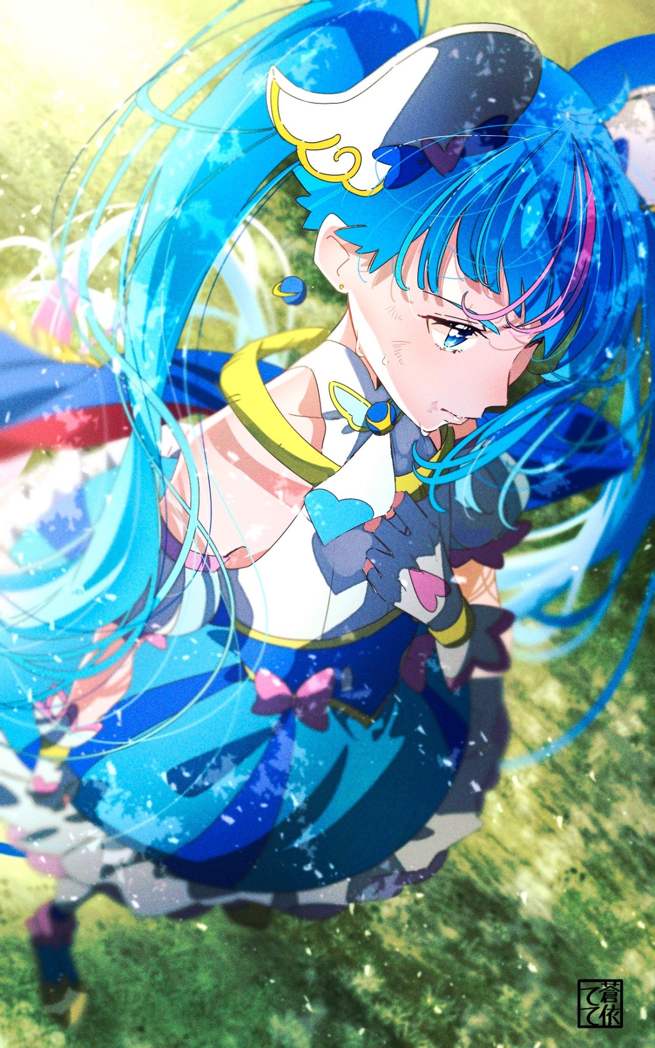 1girl aoi_tete artist_logo blue_cape blue_dress blue_eyes blue_hair brooch cape closed_mouth commentary cure_sky dappled_sunlight day detached_sleeves dress earrings fingerless_gloves frilled_dress frills frown gloves grass hand_on_own_chest highres hirogaru_sky!_precure jewelry long_hair looking_to_the_side magical_girl multicolored_hair outdoors precure puffy_detached_sleeves puffy_sleeves sleeveless sleeveless_dress solo sora_harewataru standing streaked_hair sunlight sweat twintails two-tone_dress very_long_hair white_dress white_gloves wind wing_brooch wing_hair_ornament