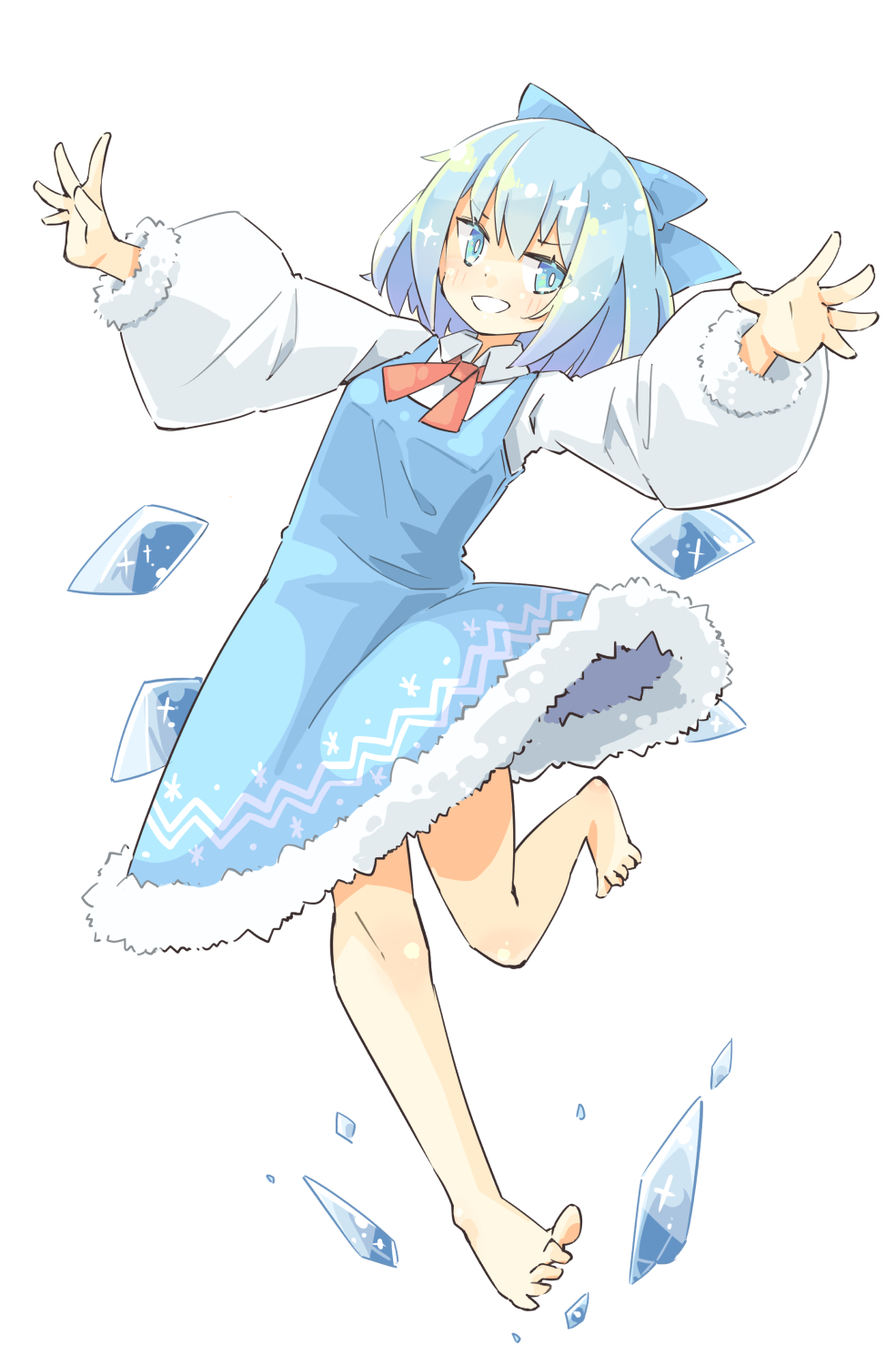1girl arnest bare_legs barefoot blue_bow blue_dress blue_eyes blue_hair bow cirno collared_shirt commentary_request detached_wings dress full_body fur-trimmed_dress fur-trimmed_sleeves fur_trim hair_bow highres ice ice_wings long_sleeves looking_at_viewer no_shoes open_mouth pinafore_dress puffy_long_sleeves puffy_sleeves red_ribbon ribbon shirt short_hair sleeveless sleeveless_dress smile touhou white_shirt wings