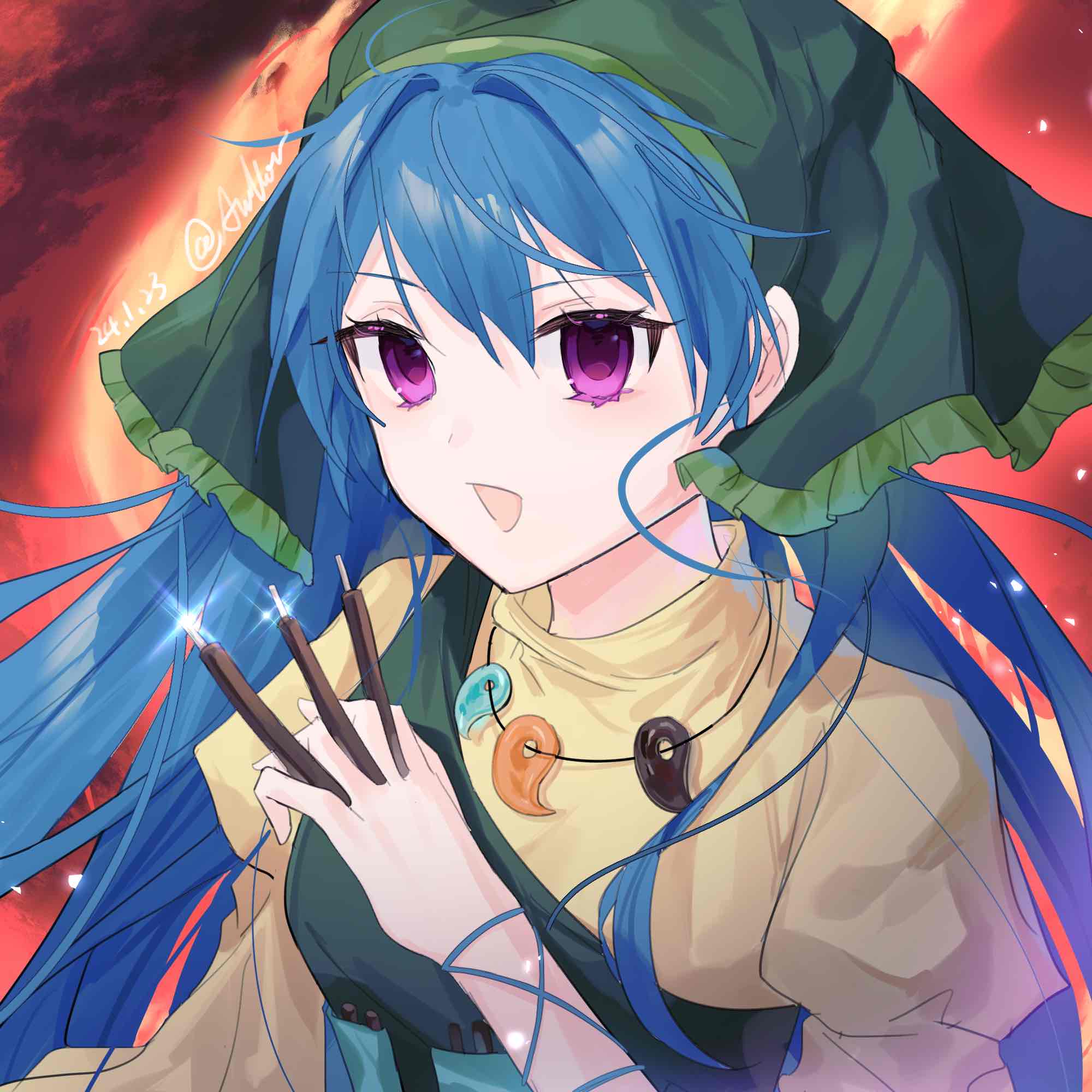 1girl anllouser apron blue_hair chisel dress green_apron green_headwear green_scarf haniyasushin_keiki head_scarf highres jewelry long_hair magatama magatama_necklace necklace open_mouth scarf signature single_strap tools touhou violet_eyes yellow_dress