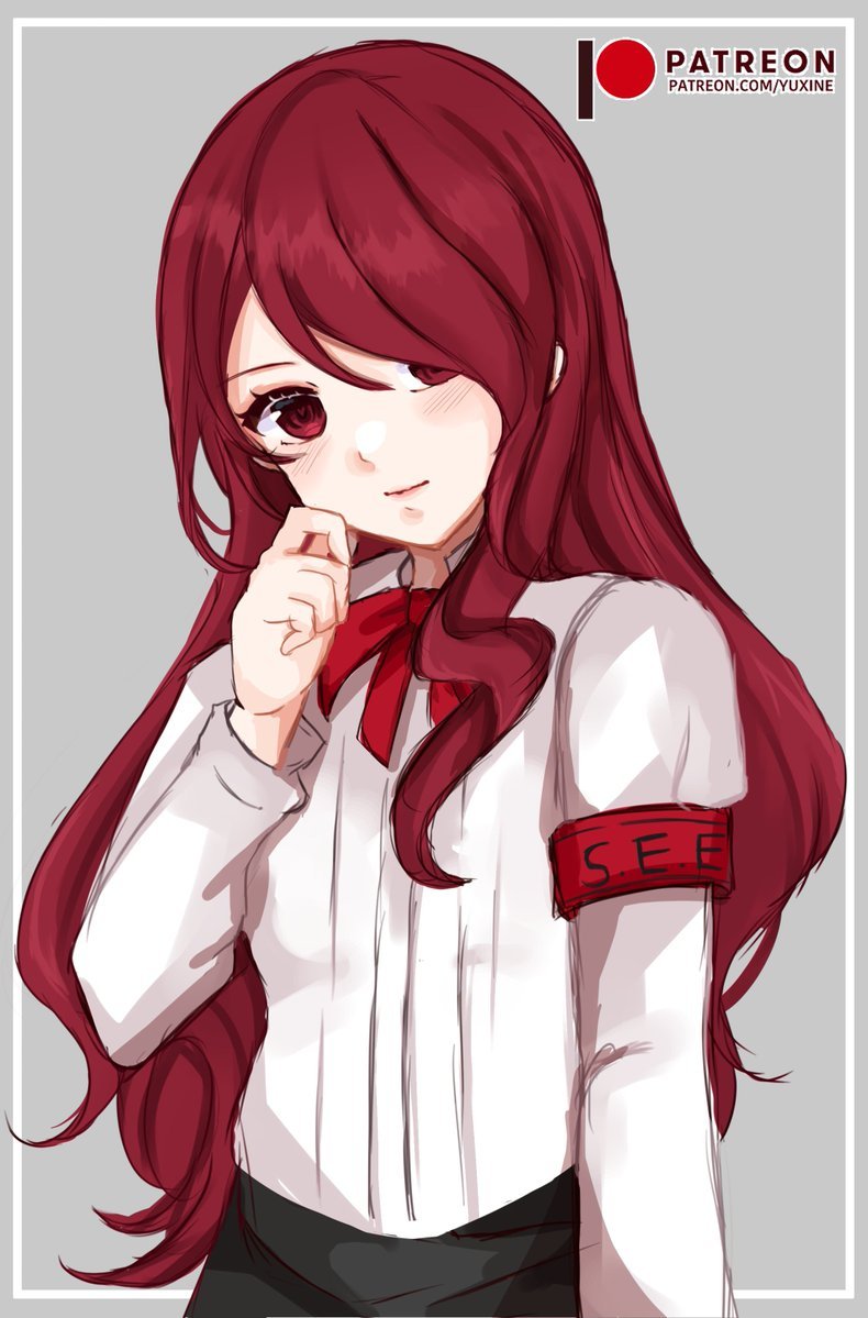1girl artist_name closed_mouth commentary english_commentary gekkoukan_high_school_uniform grey_background hair_over_one_eye hand_on_own_face kirijou_mitsuru long_hair outside_border patreon_logo patreon_username persona persona_3 red_eyes redhead school_uniform simple_background smile solo yuxine
