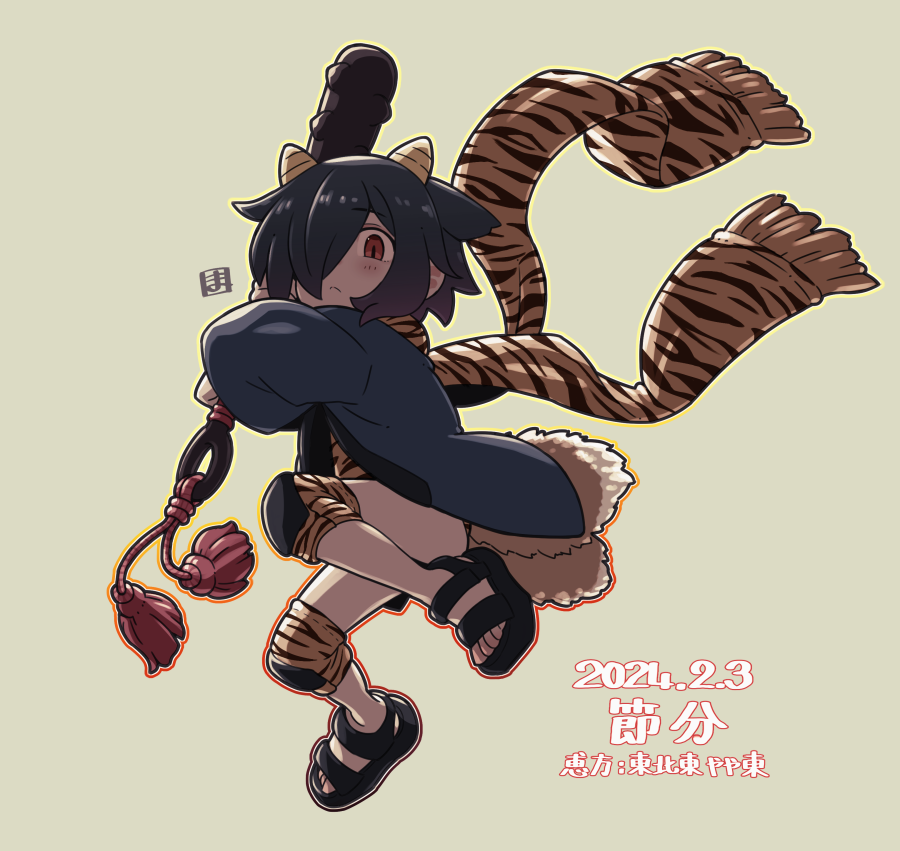 1girl animal_print black_footwear black_hair blush brown_background brown_scarf closed_mouth club_(weapon) commentary_request dated fringe_trim full_body hair_over_one_eye holding horns kanabou knee_pads long_sleeves looking_at_viewer mawaru_(mawaru) open_clothes original print_scarf red_eyes sandals scarf simple_background solo tiger_print translation_request weapon