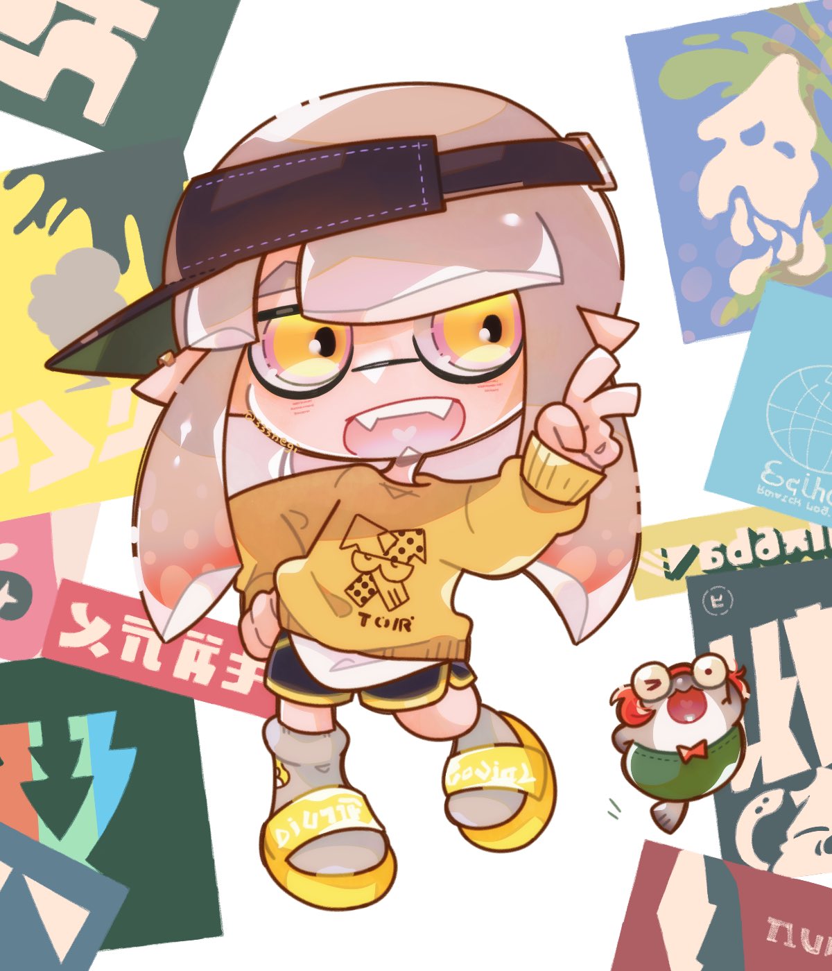 1girl 333negi black_shorts commentary_request full_body hand_on_own_hip highres inkling_girl inkling_player_character long_hair one_eye_closed open_mouth pink_hair pointy_ears print_sweater sandals short_shorts shorts sideways_hat smallfry_(splatoon) splatoon_(series) splatoon_3 standing sweater teeth tentacle_hair thick_eyebrows v visor_cap white_background yellow_eyes yellow_footwear yellow_sweater yellow_trim