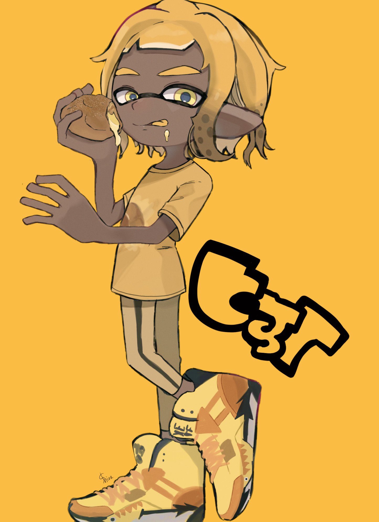 1boy blonde_hair commentary_request dark-skinned_male dark_skin eating food full_body high_tops highres inkling_(language) inkling_boy inkling_player_character male_focus pants pointy_ears print_shirt shirayuz1 shirt shoes short_hair simple_background sneakers solo splatoon_(series) splatoon_3 standing standing_on_one_leg tentacle_hair thick_eyebrows tongue tongue_out yellow_background yellow_eyes yellow_footwear yellow_pants yellow_shirt