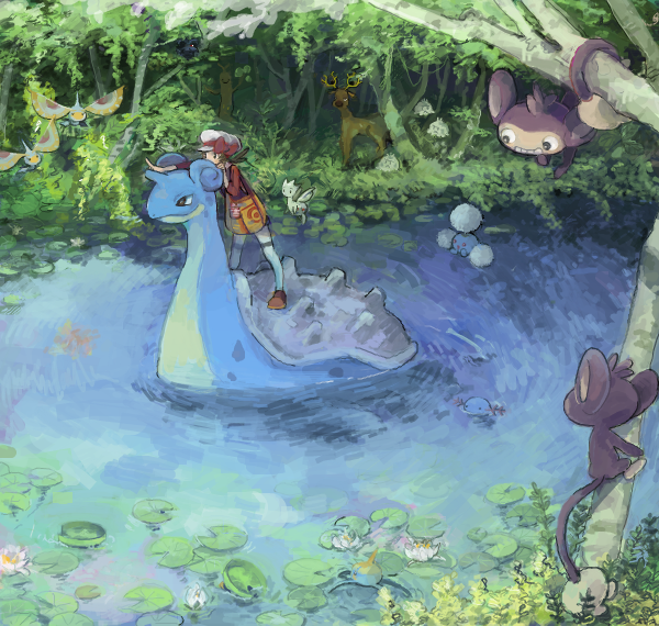 1girl aipom bad_drawr_id bad_id brown_footwear closed_mouth day forest grass hat in_tree jumpluff kneehighs lapras lily_pad lotad lyra_(pokemon) masquerain nature oekaki orolo outdoors pineco pinecone pokemon pokemon_(creature) pokemon_hgss red_headwear river shroomish socks standing stantler sudowoodo surskit togetic tree two-tone_headwear white_headwear white_socks wooper