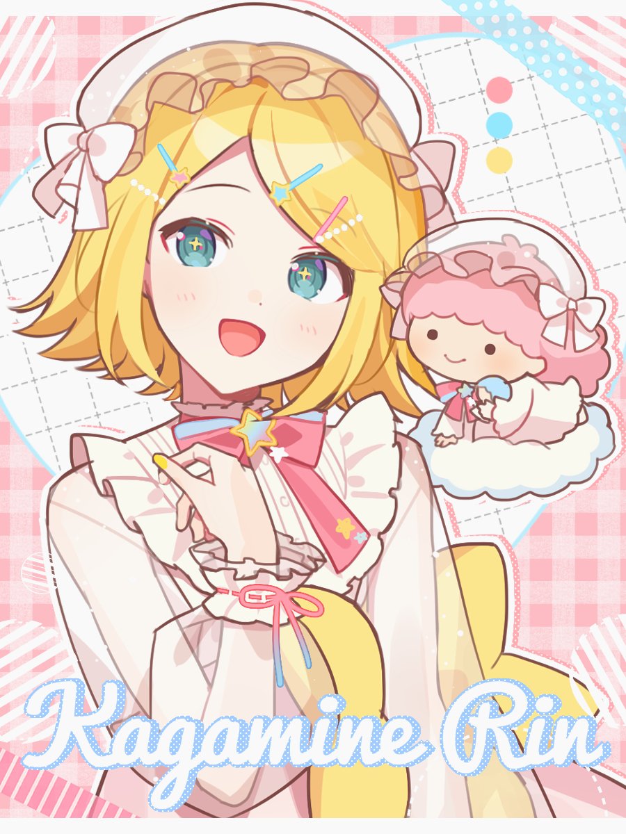 +_+ 2girls blonde_hair blue_eyes bow character_name checkered_background clouds collar frilled_collar frilled_wrist_cuffs frills hair_ornament hairclip hand_up hat highres kagamine_rin lala_(little_twin_stars) long_sleeves looking_at_viewer medium_hair mob_cap multiple_girls open_mouth pillow pink_background pink_hair project_sekai red_bow ribbon sanrio see-through see-through_sleeves short_hair smile solo star_(symbol) upper_body vocaloid waka_(wk4444) wrist_cuffs yellow_nails