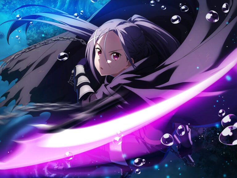1girl artist_request black_cloak chain cloak cross_hair_ornament game_cg hair_ornament holding holding_weapon long_hair looking_at_viewer mito_(sao) official_art open_mouth ponytail purple_hair solo sword_art_online sword_art_online:_unelashed_blading torn torn_cloak torn_clothes water_drop weapon