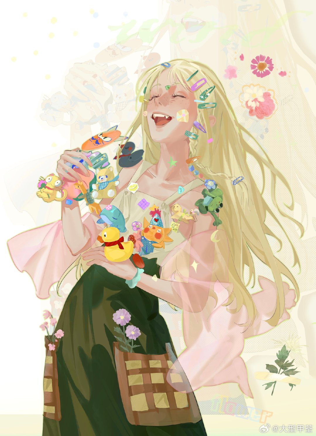 1girl bare_arms blonde_hair camisole chinese_commentary closed_eyes collarbone cowboy_shot crescent daxing_jia_quan english_text flower green_pants hair_ornament hairclip highres holding holding_toy jacket laughing long_hair open_mouth original pants pink_flower pink_jacket purple_flower rubber_duck see-through see-through_jacket sidelocks solo standing star_(symbol) stuffed_animal stuffed_toy teddy_bear teeth toy upper_teeth_only weibo_logo weibo_username white_camisole yellow_background zoom_layer